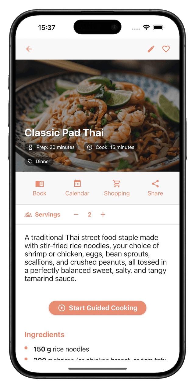 FoodiePrep recipe detail view with pad thai on iPhone