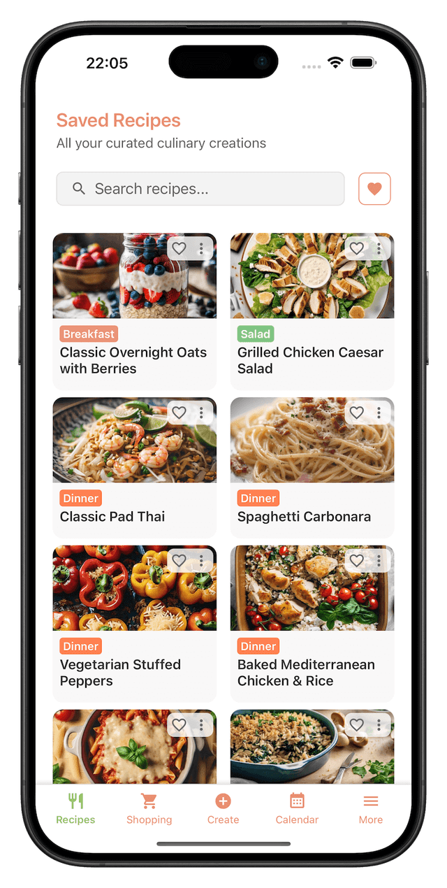 FoodiePrep saved recipes collection on iPhone